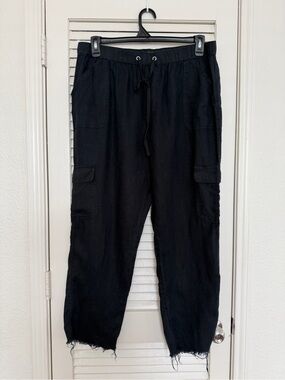 Nicole Miller 100% Linen Cargo Pants Size XL Black Cut Raw Hem Drawstring Casual
